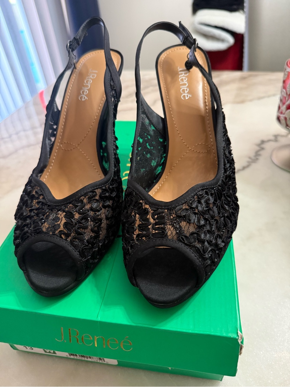 J.Renee Black Lace Peep-Toe Slingback Heels